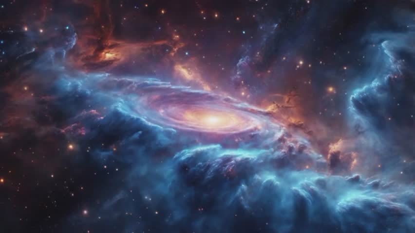 a stunning space scene with a glowing spiral galaxy at its center, surrounded by stunning blue and orange nebulae.