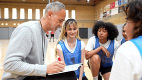 Basketball coach explaining game strategy to a multi ethnic female teenage team players during a time out - Powered by Shutterstock - Get 15% off with code: PIKWIZARD15