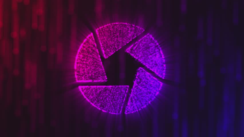 An abstract digital art piece displaying a glowing, stylized camera aperture on a dark background, capturing the essence of technology.