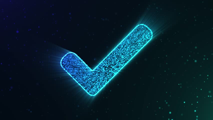 A glowing blue checkmark is displayed against a dark, particle-filled background, signifying success and approval in digital form.