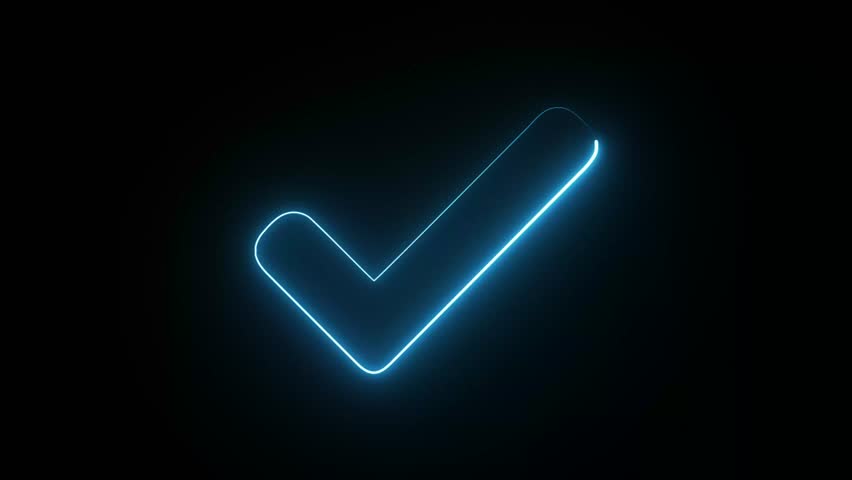 A glowing blue check mark symbol against a black background, representing approval or completion. The neon-like effect adds a modern feel.