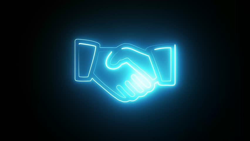 A glowing neon sign featuring a handshake against a dark background, symbolizing agreement and partnership.