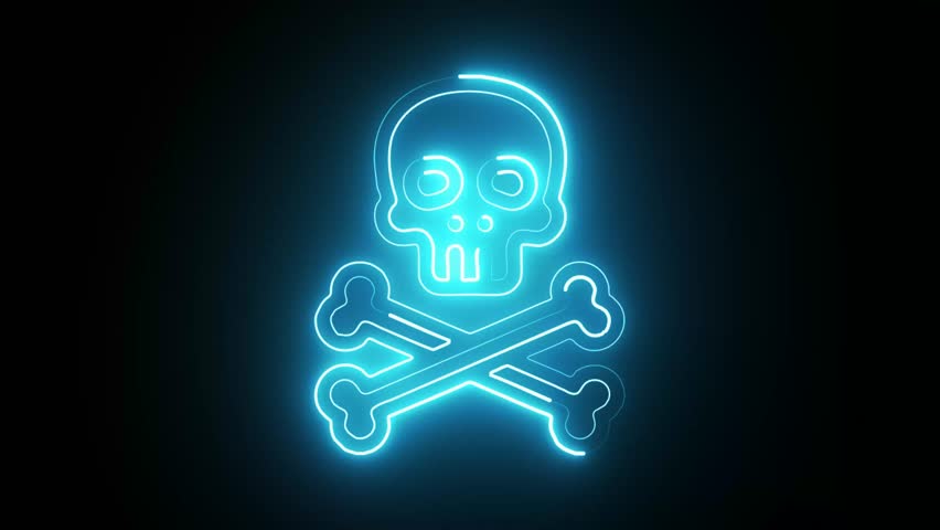 A glowing blue neon sign of a skull and crossbones, a classic symbol of danger, death, or poison, on black.