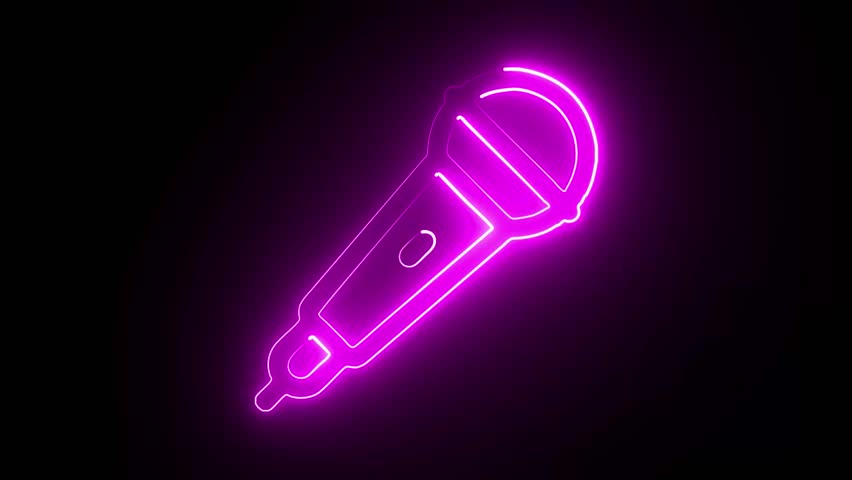 A vibrant neon microphone illustration glows against a stark black backdrop, creating a bold and modern aesthetic.