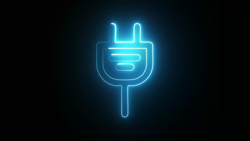 A striking neon-blue plug icon glows brightly against a dark background, illustrating the power concept.