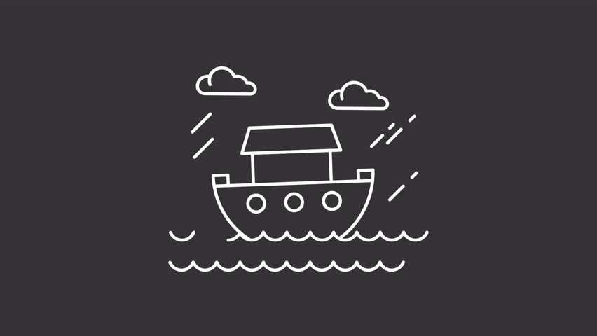 Noah ark white line animation. Bible flood animated icon. Floating clouds. Moving sea waves. Shaking boat, ship. Rain, ocean. Isolated element on dark background. Alpha transparent video