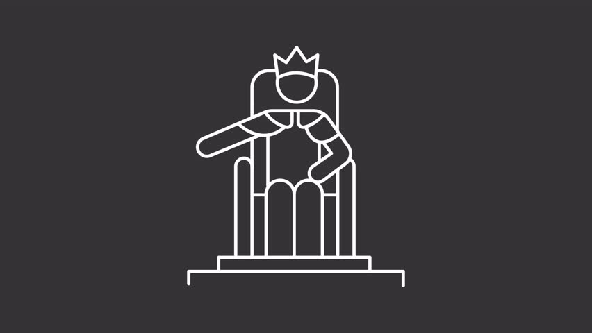 King solomon white line animation. Royalty animated icon. Moving hand. Shaking crown head. Kingdom, monarch. Medieval, wealth. Isolated element on dark background. Alpha transparent video