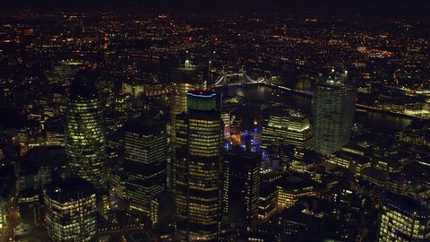 Panoramic aerial shot of The City of London at night
