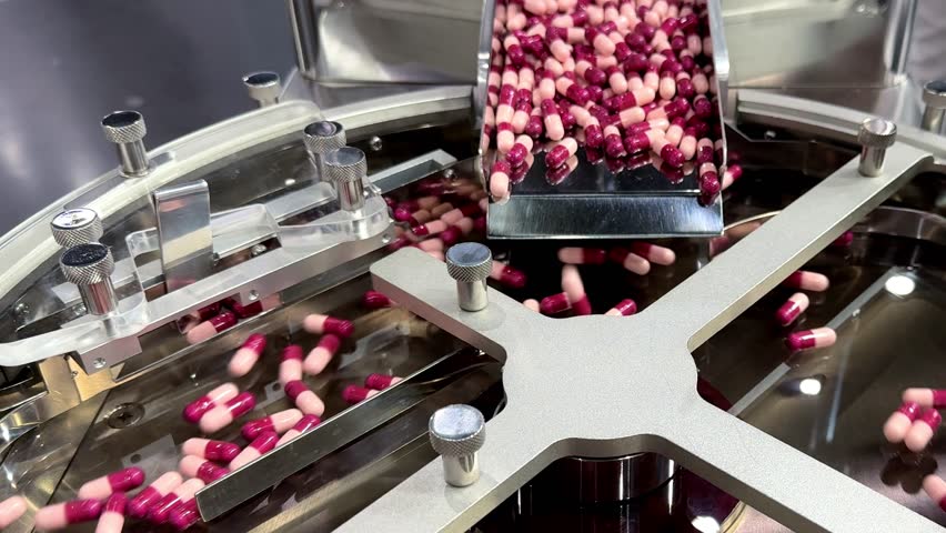 Medicine capsule pill in production line at medical factory, Industrial pharmaceutical concept.	
