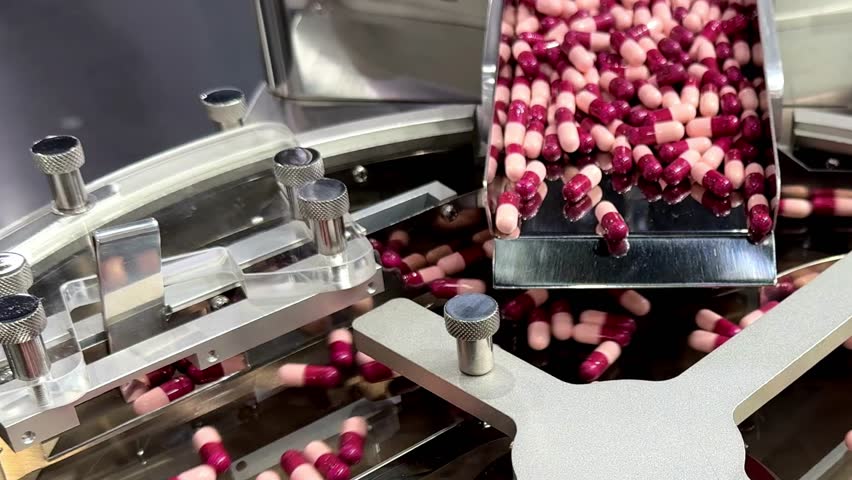 Medicine capsule pill in production line at medical factory, Industrial pharmaceutical concept.	