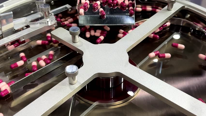 Medicine capsule pill in production line at medical factory, Industrial pharmaceutical concept.	