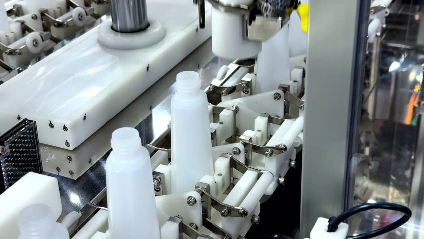White plastic bottles in a conveyor belt on a high quality automatic vertical filling machine