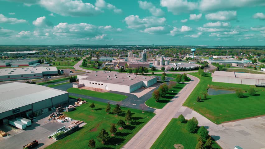 Warehouses, loading docks, and green landscapes at an industrial logistics hub in De Pere, Wisconsin.