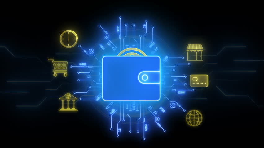 Digital payment concept, E-commerce interface with mobile wallet, secure payment systems, and online shopping transaction flow. Motion graphic of digital wallet icons on black background.