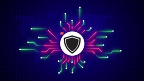 Technology circuit board with shield icon animation. circuit board with neon lines, representing data protection technology. Digital security hologram of virtual lock icon on circuit board. - Powered by Shutterstock - Get 15% off with code: PIKWIZARD15