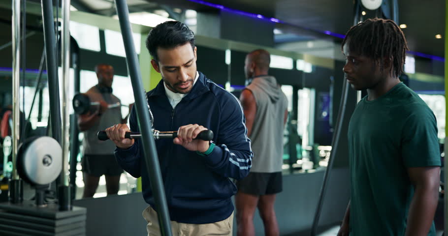 Man, fitness and coach with demonstration on cable pulley machine for arm exercise or workout. Male people, instructor and helping customer with training technique for triceps, reps or tips at gym