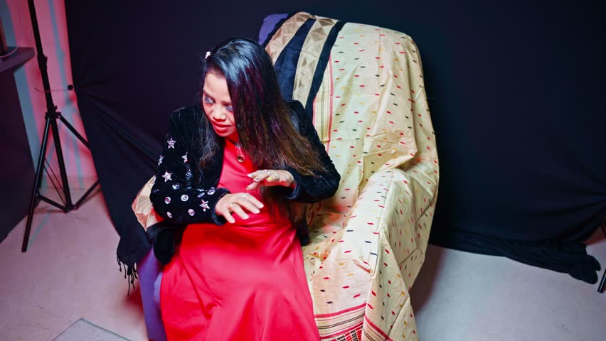 Fashionable diva sings softly inside an audio booth, Curly haired singer crafts vocal layers by music studio, Lady Performer in red outfit croon live at the venue, Melody maker hums wears black jacket