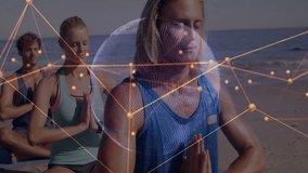 Three adults meditating on beach mats, network mesh sweeping forming grid pulsing code for health. Mindfulness, tranquility, connectivity, digital, wellness, harmonious, serenity - Powered by Shutterstock - Get 15% off with code: PIKWIZARD15