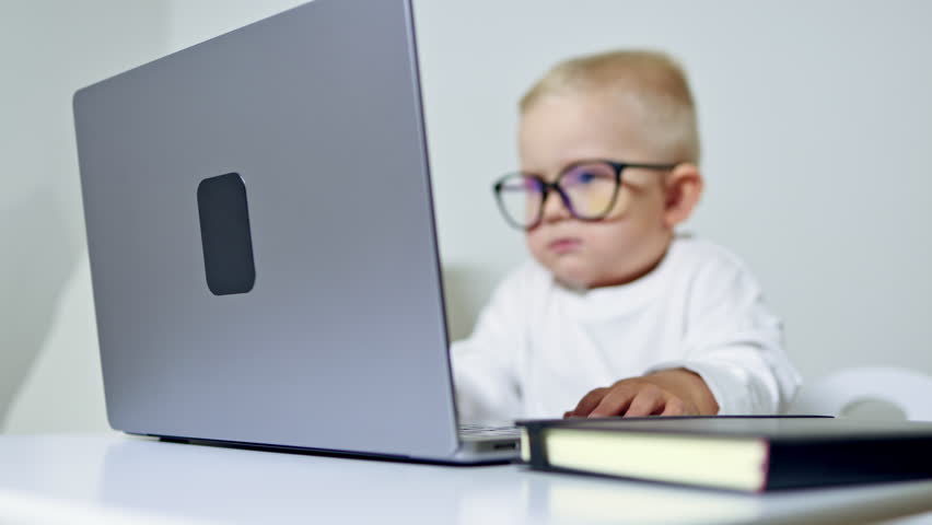 Stylish 2 year old boy sitting on a chair and looking at the laptop monitor. Toddler boy in glasses watching cartoons on the computer.