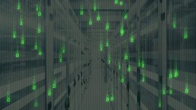 On startup green binary digits drifting downward over server racks visualizing live data flow. Technology, cybersecurity, digital, network, data, server, information - Powered by Shutterstock - Get 15% off with code: PIKWIZARD15