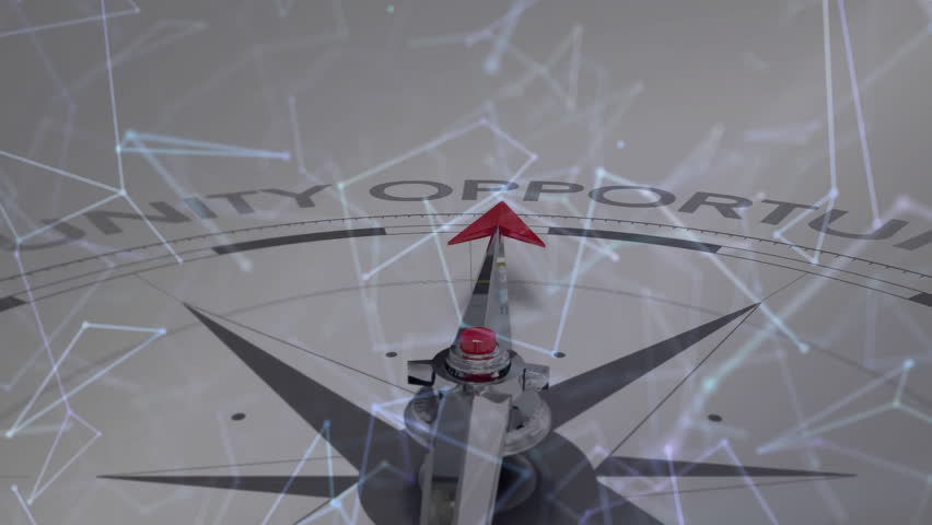 Network sweeping compass dial triggers needle rotating, aligning with opportunity, highlighting it. Navigation, direction, innovation, technology, advancement, discovery, leadership