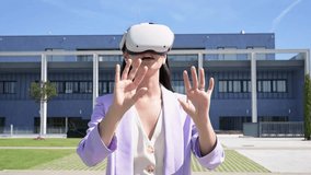 Businesswoman exploring metaverse wearing virtual reality goggles - Powered by Shutterstock - Get 15% off with code: PIKWIZARD15