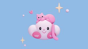 3d animation of fluffy pink cartoon cat lies on white cloud floating in air with bubbles, yellow stars, heart shape. Kawaii cloud with smiling face, blinking eyes, nose, red cheeks on blue background. - Powered by Shutterstock - Get 15% off with code: PIKWIZARD15