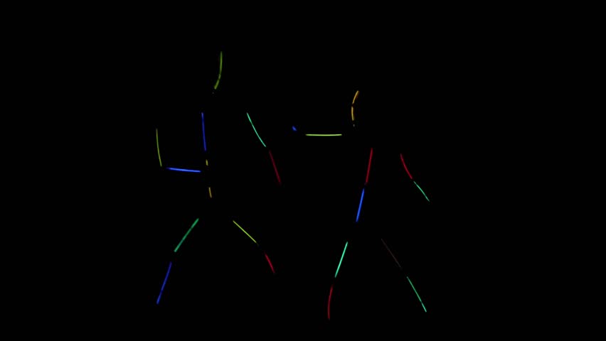 Fight for justice. Neon Men fighting game. black background, two little men in colorful neon colors show fighting game gestures. Mysterious, neon light