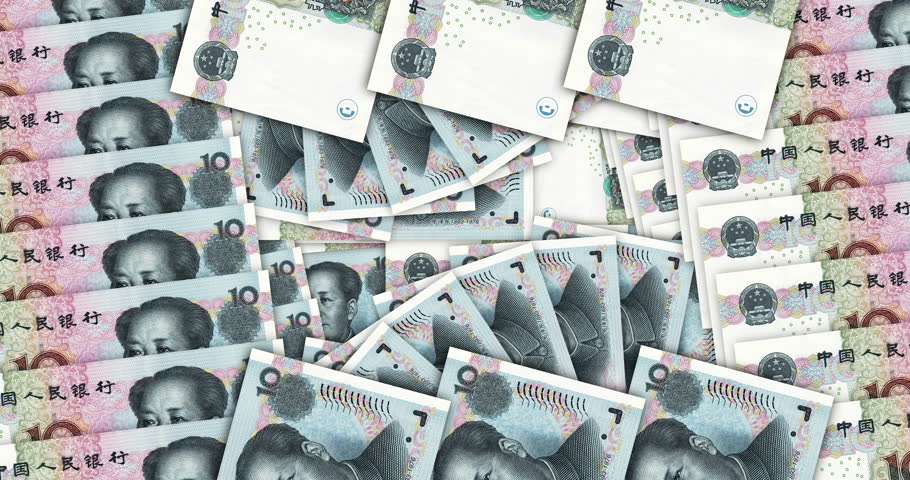 China money Chinese yuan renminbi banknotes in a cash fan mosaic pattern loop. 10 CNY notes. Abstract concept of bank, finance, economy seamless and looped design background.