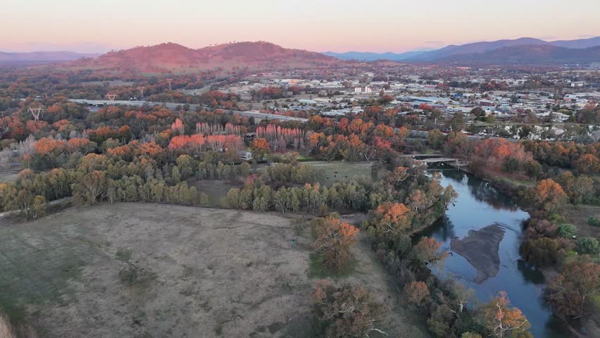 Aerial views over Wodonga Creek and the Hume Freeway near Wodonga
