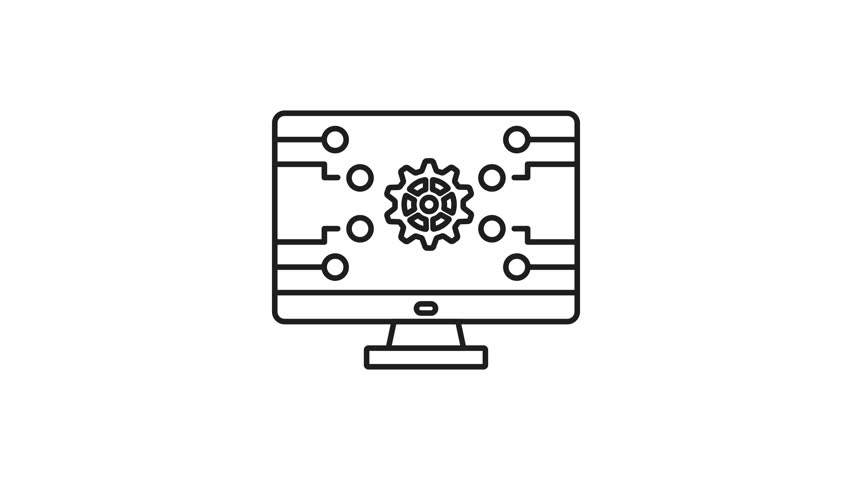 Pc monitor line animation. Pc monitor icon with gear and circuit connections, ideal for tech repair websites, electronic repair services, or computer software concepts. Animated outline icon