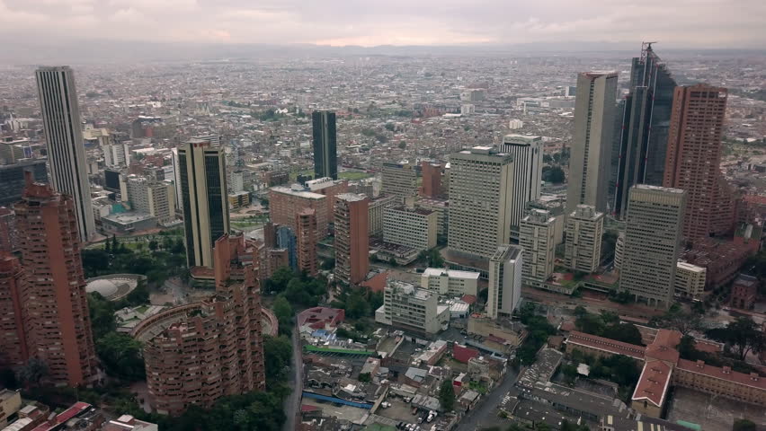 Aerial lateral shot of Bogota skyline during Covid19