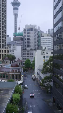 Urban city scene in Auckland, New Zealand featuring Sky Tower and office buildings.