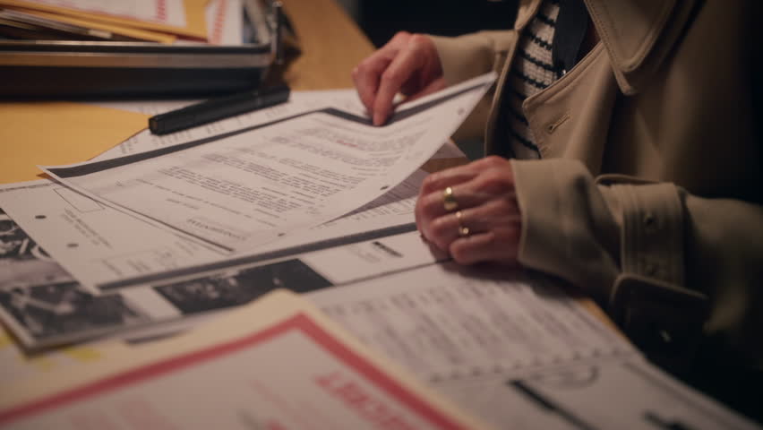 Female detective or spy flipping through pages of classified top secret documents and folders on office desk. Looking and searching information with censored text and redacted lines. Conspiracy leak