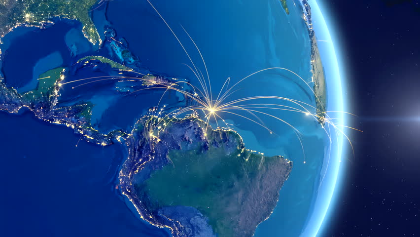 Abstract animation of glowing trade routes moving across world map. Global business connections, logistics and data flow concept. Clean and cinematic background