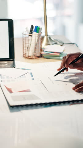 Hands, documents and business people in office, graphs and stats with cooperation, review profit and planning. Closeup, economy and employees with paperwork, report and info for investment and charts