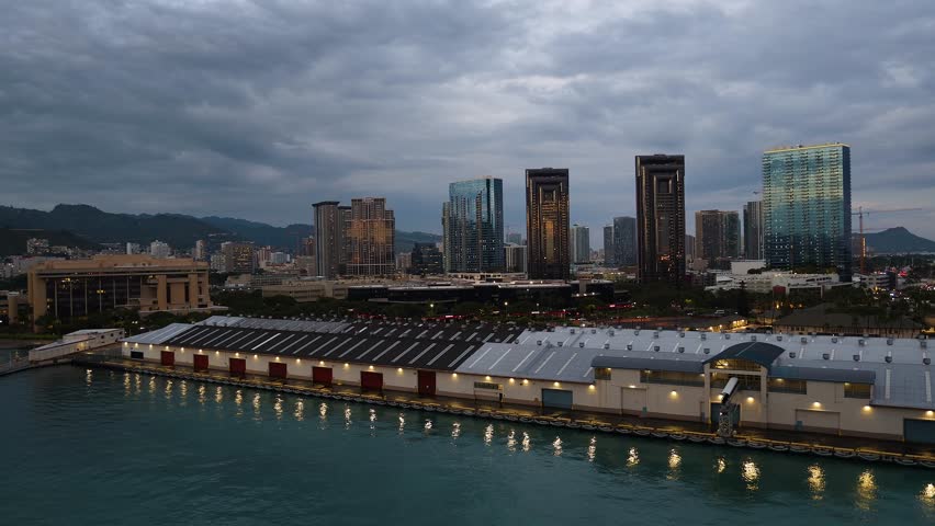 Honolulu Skyline and Harbor at Dusk under Cloudy Skies, Oahu, Hawaii