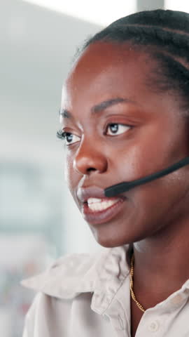Advice, consulting and contact us with black woman in call center for communication or support. Feedback, headset and microphone with agent in workplace as virtual assistant for customer service