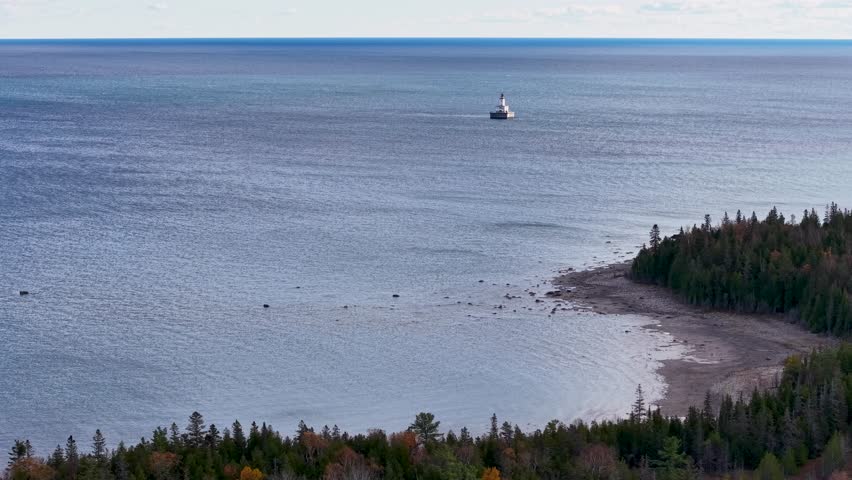 Aerial view of a lighthouse near DeTour Village on the Lake Huron shoreline in Michigan’s Upper Peninsula