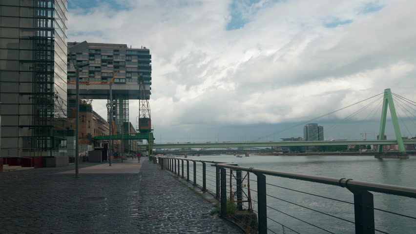 The Rheinauhafen district with modern architecture Crane Houses in Cologne, Germany.