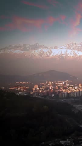 Cityscape of Santiago and Andes Mountains at Dusk, Vertical Video, 4K