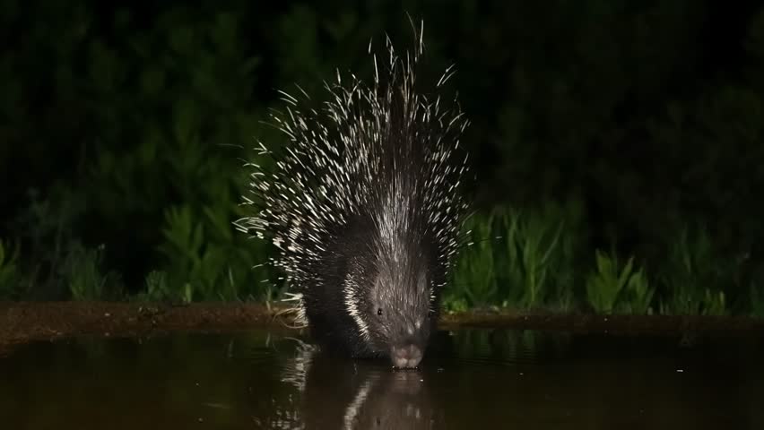An Indian crested porcupine (Hystrix indica) is drinking water at night, and its reflection appears in the spring .