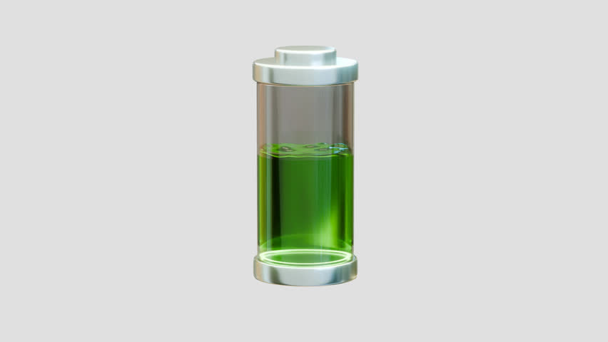 3D battery charging animation. Liquid energy rises from red to green inside a transparent glass battery on alpha channel. Perfect for tech, energy, and UI projects.