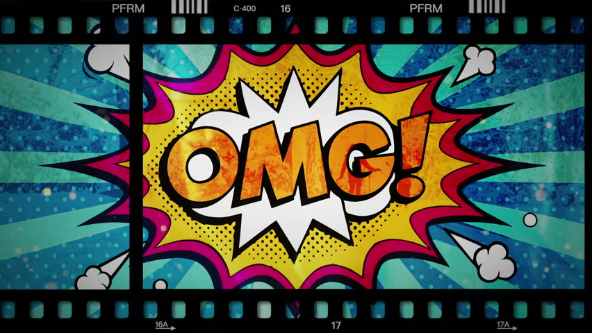 Energetic pop art style video with an "OMG!" speech bubble, incorporating retro filmstrip elements and digital glitch distortions for a striking visual impact.