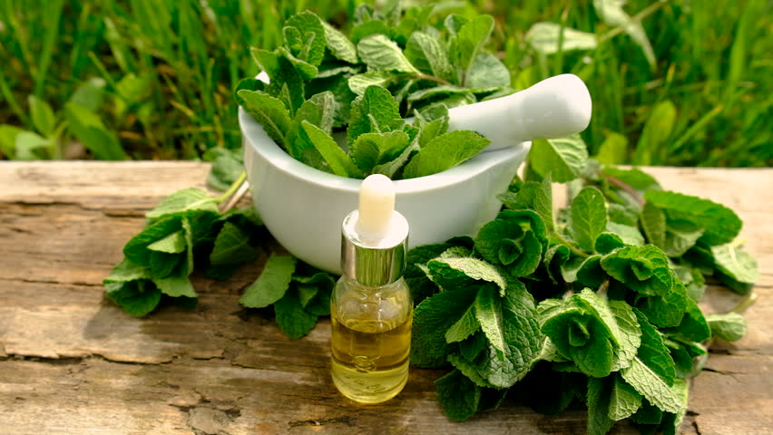 Peppermint extract essential oil and supplements. Selective focus.