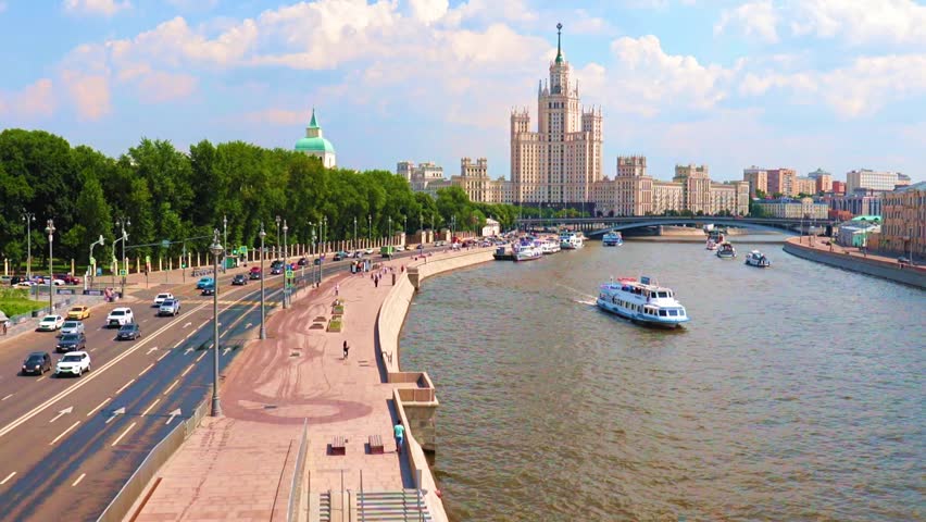 view of Kotelnicheskaya embankment from Moscow River Russia