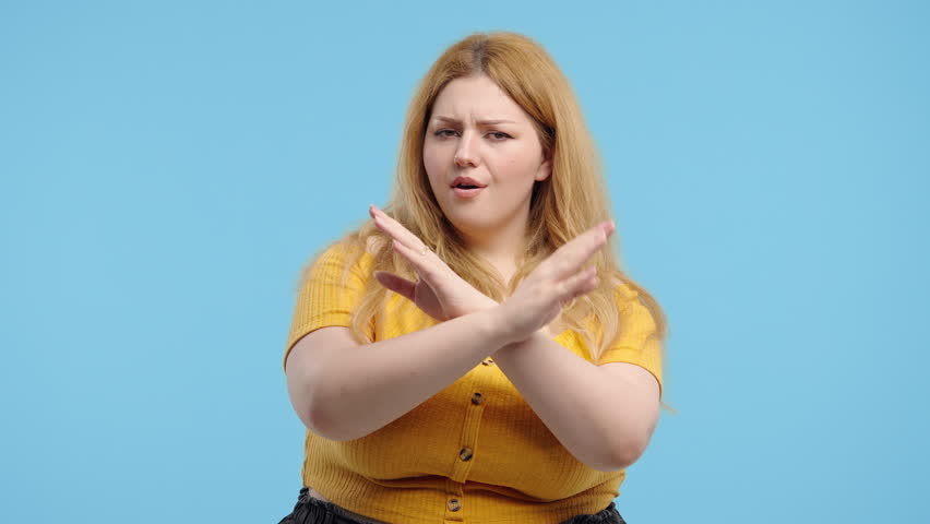 No, Never, Plus Size Woman Rejecting Gesture Stop Crossing Hands. Ban, Timeout. 