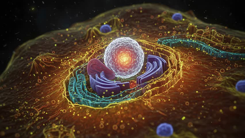 eukaryotic cell under a microscope, showing organelles like nucleus, mitochondria, Golgi apparatus, and endoplasmic reticulum, illuminated by glowing bioluminescent light