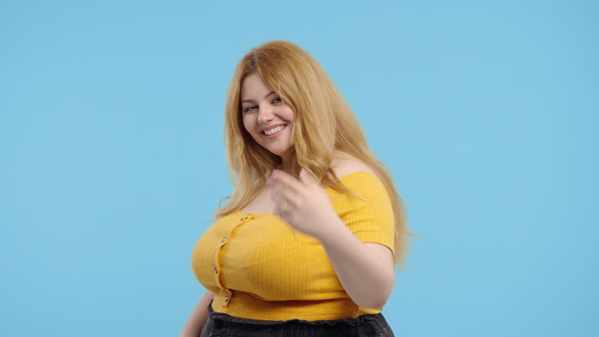 Plus Size Woman Asks Join, Beckons With Inviting Hand Hugs Gesture. Hey You, Come On, Inviting