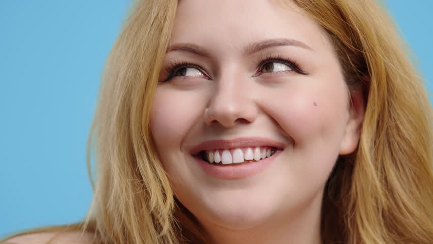 Charming Plus Size Woman, Natural Authentic Beauty on Blue. Overweight Lady, Diversity Concept.
